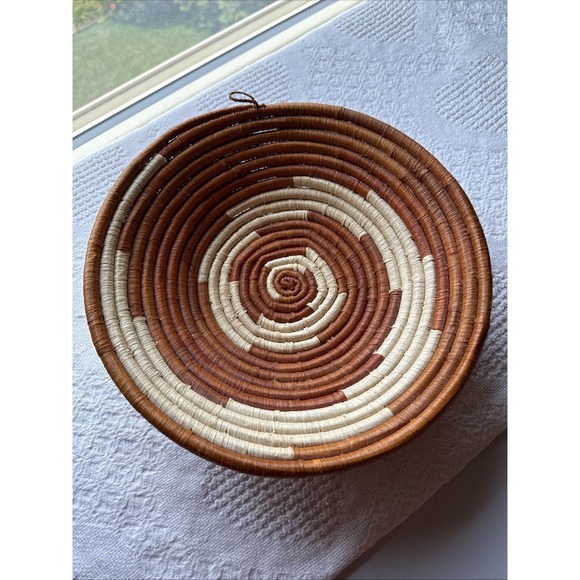 Other - Hand Woven African Coiled Basket Bowl Wall Art Decor Brown Cream 10.75" D EUC